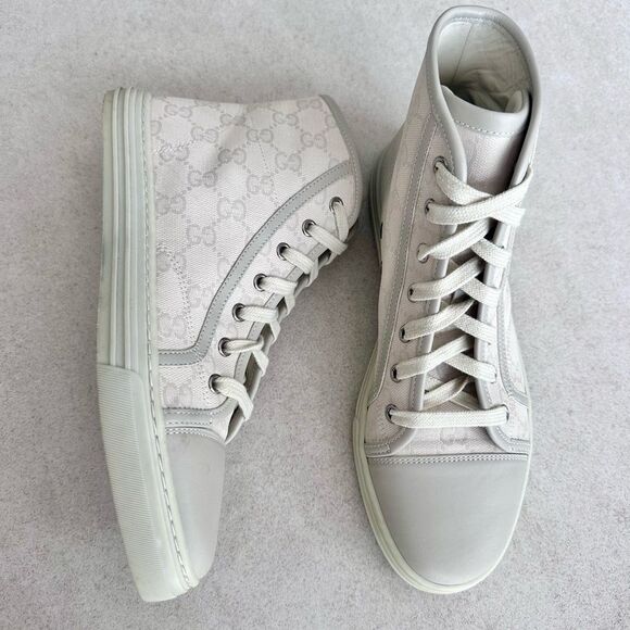 Gucci High Top GG Monogram Sneakers White Canvas Leather Toe Tennis EU 38 US 8 - Picture 9 of 10
